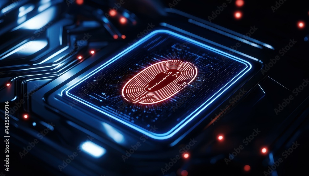 Poster futuristic microchip displaying a vibrant fingerprint pattern in neon hues.