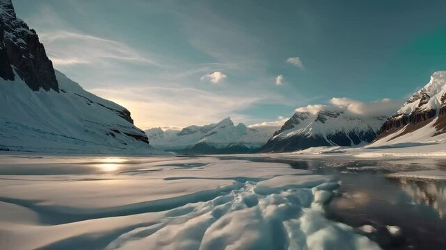 mountains are reflected in the water of a lake in the snow