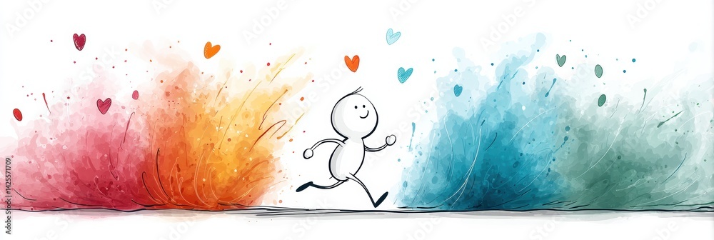 Poster joyful heart character runs through vibrant mist of colorful hues with hearts floating in the air, s