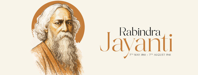 Rabindranath Tagore illustration for 22 Shey Shrabon Rabindra Jayanti Social Media Post, Web Banner, Status