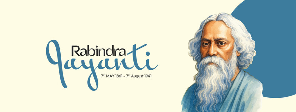 Rabindranath Tagore illustration for 22 Shey Shrabon Rabindra Jayanti Social Media Post, Web Banner, Status