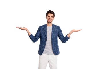 Portrait of his he nice attractive stylish cheerful cheery businessman agent broker wearing checked blazer holding invisible objects on palms isolated over light white pastel background