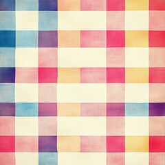 A colorful abstract pattern featuring a checkered design with vibrant hues of pink, blue, and yellow shades.