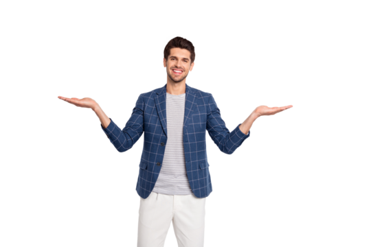 Portrait of his he nice attractive stylish cheerful cheery businessman agent broker wearing checked blazer holding invisible objects on palms isolated over light white pastel background