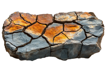Textured rock with cracks and rust patterns, isolated on white background.
