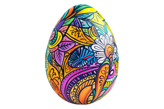 Decorative Easter egg with intricate floral patterns in vibrant colors isolated on white transparent background. Concept of festive celebration, art, and tradition