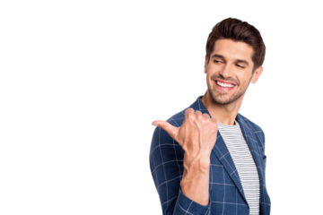 Close-up portrait of his he nice attractive lovely cheerful cheery glad businessman agent broker wearing checked blazer pointing thumb aside ad isolated over light white pastel background