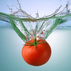 Realistic photograph of a complete fresh tomato falling into water, close up shot in high definition isolated on white background.