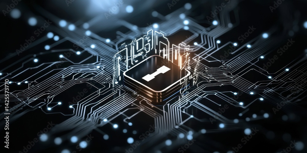 Poster close-up of a futuristic microchip surrounded by intricate circuit patterns.