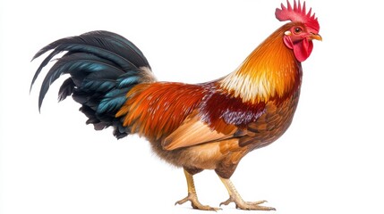 Fototapeta premium Vibrant rooster standing proudly against a white background, showcasing its colorful plumage and features