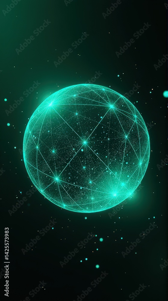 Wall mural glowing digital sphere with interconnected network on dark background.