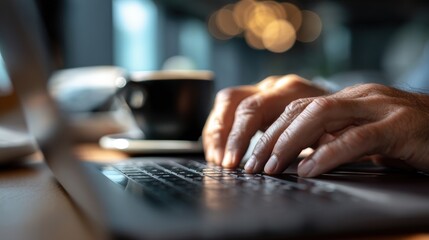 A person is typing on a laptop while holding a cup of coffee