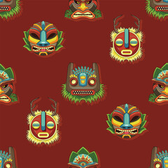 Seamless vector pattern featuring traditional ethnic masks with intricate tribal details. Ideal for textile prints, wallpapers, packaging, and cultural-themed designs. 