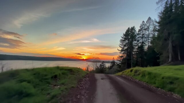 there is a car driving down a dirt road in the woods