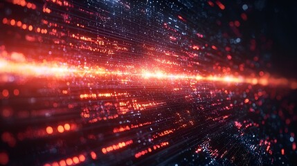 Obraz premium Abstract digital data stream with glowing red and blue particles.