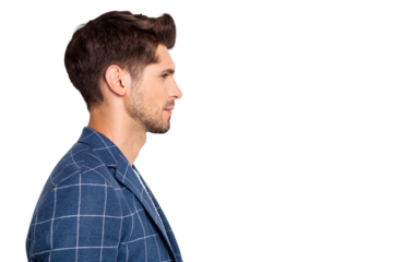 Close-up profile side view portrait of his he nice attractive content skilled businessman shark sales manager wearing checked blazer copy blank space isolated over light white pastel background