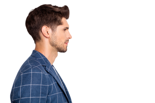 Close-up profile side view portrait of his he nice attractive content skilled businessman shark sales manager wearing checked blazer copy blank space isolated over light white pastel background