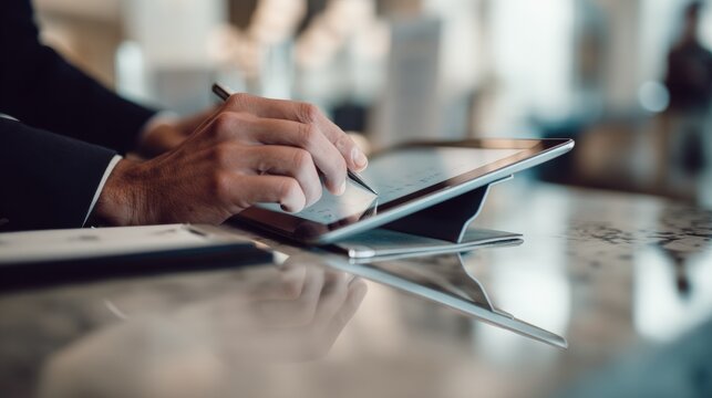 A man is writing on a tablet with a pen