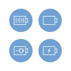 Battery icon set. Battery Full charge indicator or low charge sign. Battery charging, vector illustration