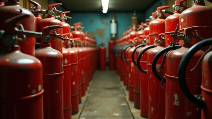 A row of red fire extinguishers neatly arranged, ready for use, adding a bold splash of color to the industrial setting.