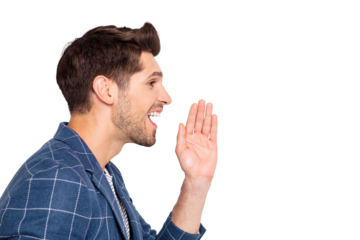 Close-up profile side view portrait of his he nice attractive cheerful cheery businessman wearing modern checked blazer saying promo good news isolated over light white pastel background