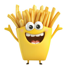 Cheerful cartoon character representing a happy serving of french fries with an excited expression and lively pose against a simple background