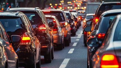 Busy city street during rush hour with cars lined up, blurred lights in the background