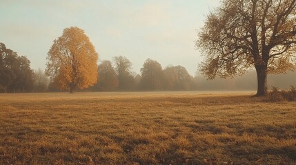 Fototapeta premium Photograph of a field in autumn, with trees in the background, on a misty morning. The image has a nostalgic, vintage vibe, with sepia tones and a wide shot, giving it a grainy film effect.