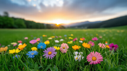Obraz premium Colorful wildflowers bloom at sunset in a tranquil meadow