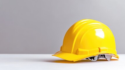 Fototapeta premium Bright yellow safety hard hat on a white surface