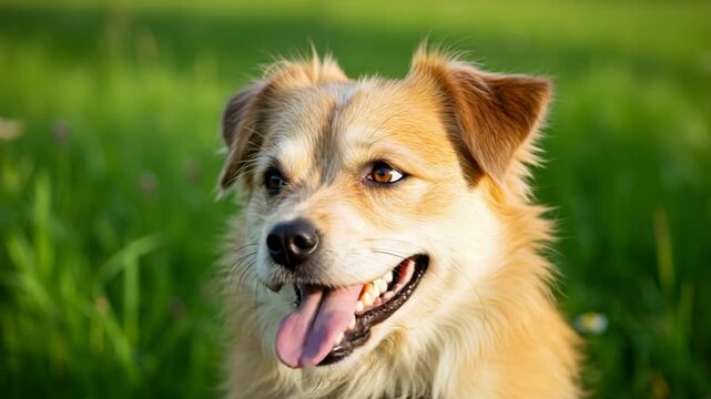 Happy dog with tongue out enjoying nature in sunny outdoor setting, expressing joy and excitement in pet lifestyle