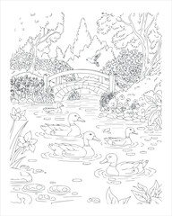Obraz premium Vintage hand-drawn sketch art shows an old rural landscape with trees in a forest, reminiscent of a medieval Italian village design coloring book page