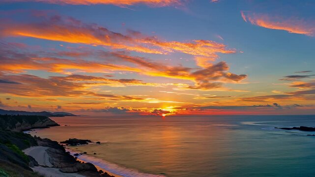 sunset over the ocean with a beach and a cliff in the foreground