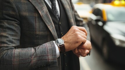 A man in a suit and tie is checking the time on his wristwatch