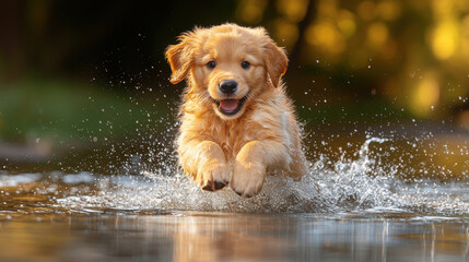 playful golden retriever puppy joyfully jumps into water splash, showcasing its energetic spirit and love for adventure. warm sunlight enhances cheerful atmosphere