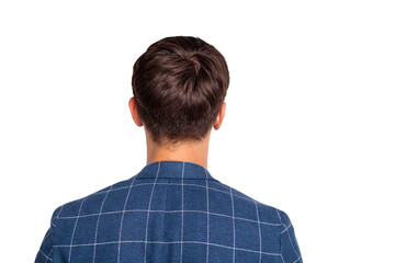 Close-up rear back behind view portrait of his he nice attractive well-groomed businessman dandy shark wearing blue checked blazer fresh clear hair isolated over light white pastel background