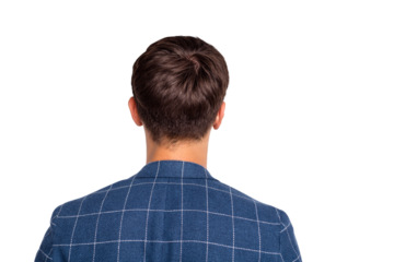 Close-up rear back behind view portrait of his he nice attractive well-groomed businessman dandy shark wearing blue checked blazer fresh clear hair isolated over light white pastel background