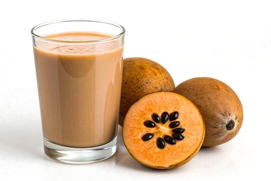 Fresh sapodilla chikoo milkshake in glass with whole and sliced fruits on white background
