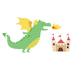 Cute dragon and castle. Fairytale monster for kids fashion artworks, children books, birthday invitations, greeting cards, posters. Fantasy mythology.