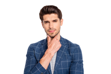 Close-up portrait of his he nice attractive well-groomed businessman dandy skilled IT geek specialist wearing blue checked blazer touching chin thinking isolated over light white pastel background