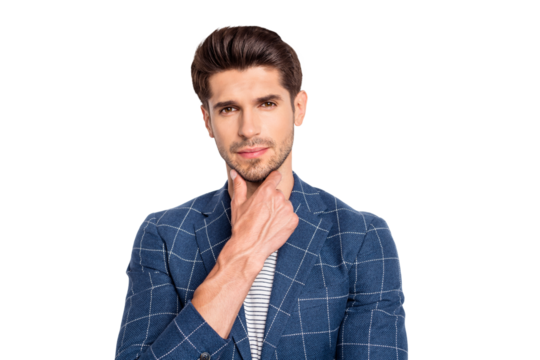 Close-up portrait of his he nice attractive well-groomed businessman dandy skilled IT geek specialist wearing blue checked blazer touching chin thinking isolated over light white pastel background