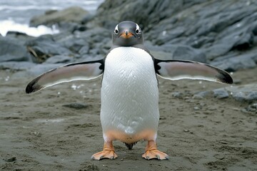 Fototapeta premium Photograph of a penguin on the beach, standing tall with its wings spread wide and orange feet visible in motion. Full-body shot photography, high-resolution digital photo, ultra-detailed. 