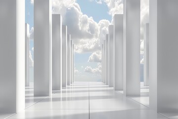 White Pillars Leading to a Cloudy Sky