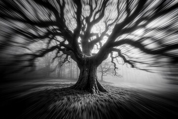 Photorealistic view of an ancient oak tree in a dense, sun-dappled forest during a misty autumn morning, its gnarled branches reaching towards the sky, thick trunk covered in moss.