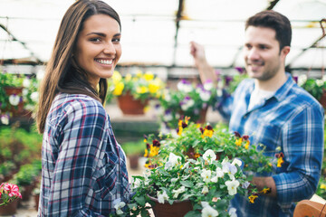 Young couple in greenhouse working with flowers