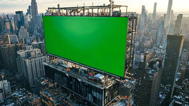 large green screen advertising billboard stands tall along the green highway under the vast sky, offering empty space for your commercial message