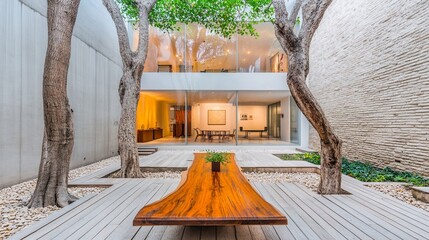 Modern home's courtyard with wood table, trees, & glass wall. Calm space
