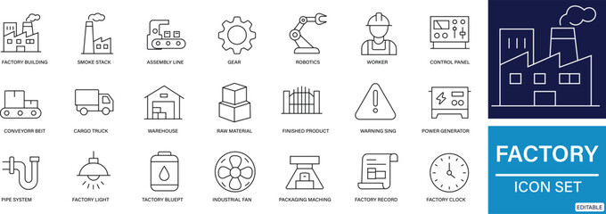 A clean set of black line icons representing factory, industry, production, and machinery  perfect for industrial and engineering designs.