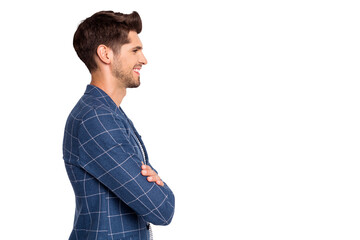 Profile side view portrait of his he nice attractive cheerful cheery businessman finance partner...