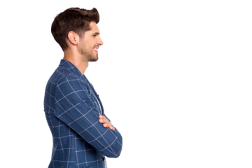Profile side view portrait of his he nice attractive cheerful cheery businessman finance partner ceo boss chief wearing blue checked blazer folded arms isolated over light white pastel background